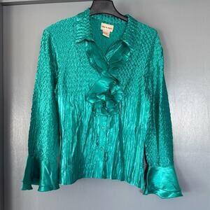 Toffee Apple Turquoise Women's Button Top Long Sleeves Crinkle Ruffles sz L